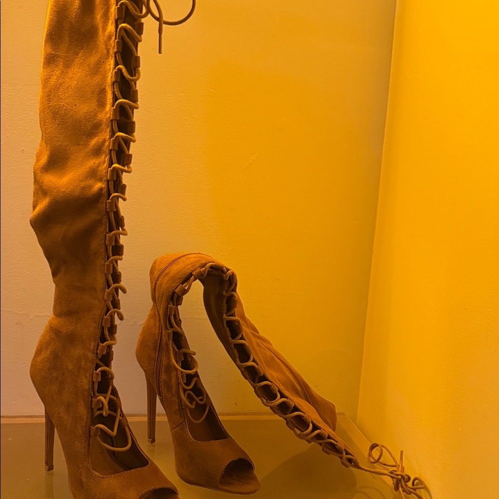 Charlotte Russe Tan Over the Knee Lace-Up Boots